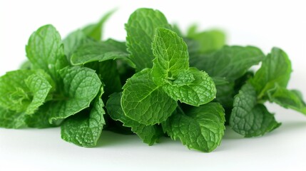 Fresh Mint Leaves on Clean White Background - Vivid Green Herb - obrazy, fototapety, plakaty
