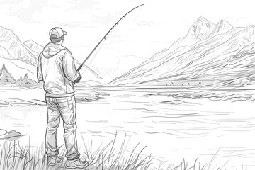 A man is fishing in a lake with mountains in the background - 793074510