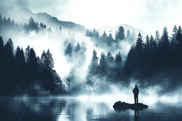 A man is fishing in a lake surrounded by trees - 793074513