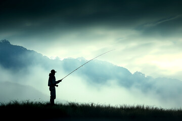 A man is fishing in a lake with a cloudy sky in the background - 793074528