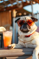 Cute funny pug dog in sunglasses sitting at beach bar drinking cocktail at summer party time