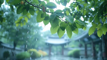 Raindrop above the green leaves. Ancient Chinese architecture in the background