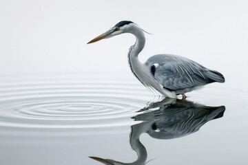 A heron wades, fishing in still waters