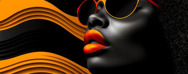 A woman with red lips and orange hair is wearing sunglasses - 793074735