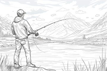 A man is fishing in a lake with mountains in the background - 793074760