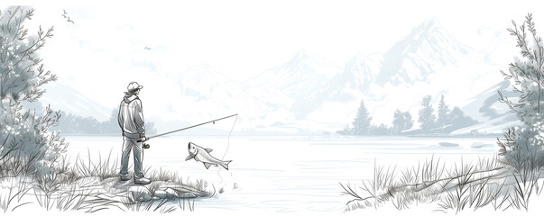 A man is fishing in a lake with mountains in the background - 793074795