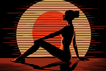 A woman is sitting on a ledge in front of a red sun - 793074937