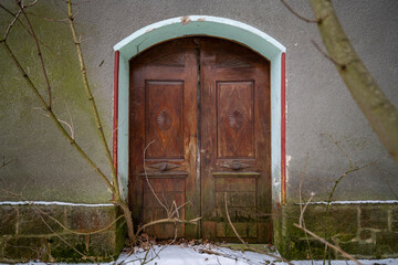 Exploration of the historic old stone mill with a spiral staircase in Southern Poland, Europe, in...