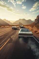 Fototapeta na wymiar highspeed car chase on an open road in the desert, with three muscle cars racing side by side