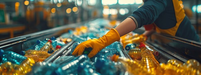 The hands of an employee wearing gloves, close-up view. The employee is separating recyclable waste on a conveyor at a recycling plant. Garbage sorting and recycling.