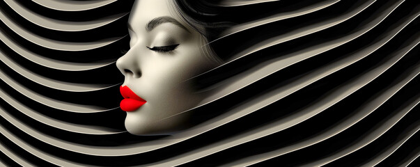 A woman with red lips and a black and white background - 793075163