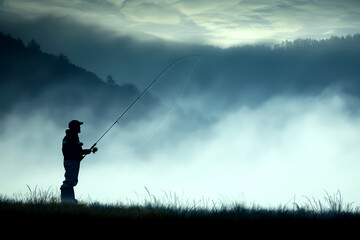 A man is fishing in a foggy forest - 793075367