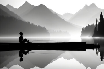 A person is sitting on a boat in a lake surrounded by mountains - 793075379