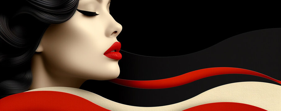 A woman with red lips and red hair is the main focus of the image