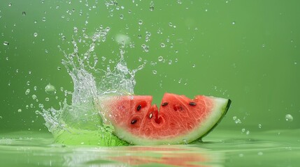 Water splashes on watermelon slices isolated on a green background