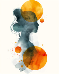 A woman is depicted in a painting with a blue and orange background - 793075982