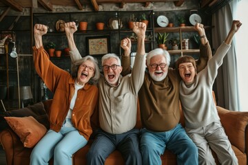 Group of senior people celebrating success while sitting on couch at home. Group of elderly friends...