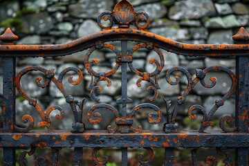 A Rusted Iron Gate with a Curved Design,
Detail of the design of an old and rusty gate

