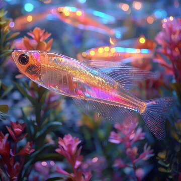Crystal fish swimming in an advanced bioluminescent aquarium, with transparent technology and neon-colored flora, reflecting a utopian future
