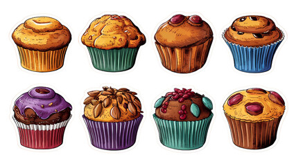 set of Testy Illustrated cupcakes muffins isolated Stickers