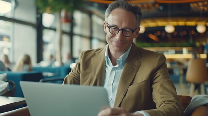 businessman working on laptop in cafe