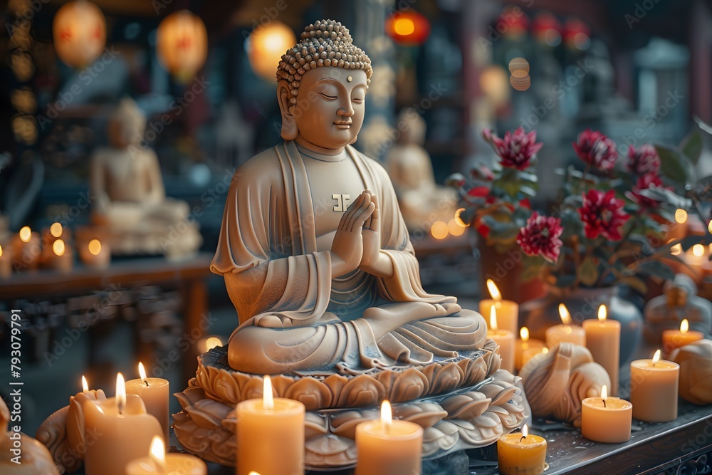 Wall mural buddha statue surrounded by candles and flowers