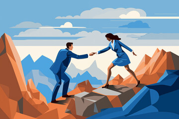 Fototapeta premium Business graphic vector modern style illustration of a business person on a mountain top representing conquering achievement progression overcoming hitting new goals or targets