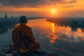 
Buddhist monk meditating on Buddha's birthday, sitting with his back facing a lake at sunset. - obrazy, fototapety, plakaty