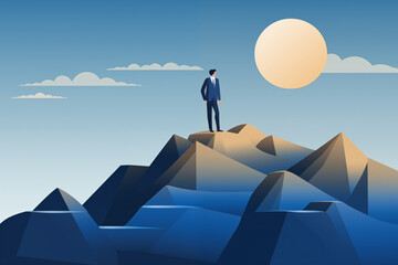 Business graphic vector modern style illustration of a business person on a mountain top representing conquering achievement progression overcoming hitting new goals or targets - obrazy, fototapety, plakaty