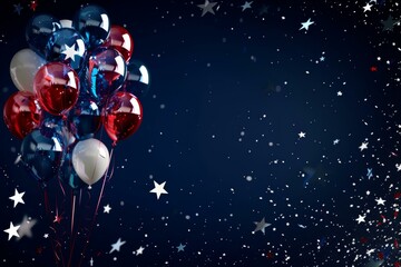Vibrant red, white, blue balloons with sparkles; perfect for 4th of July ads, social media. - obrazy, fototapety, plakaty