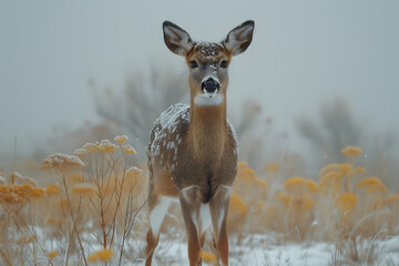 Brown Deer on Snow-Covered Ground During Daytime,
Immature roe deer moving on white glade during snowing
 - obrazy, fototapety, plakaty