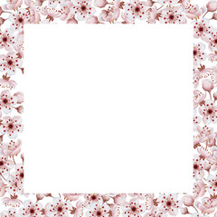 Frame with cherry blossom, watercolor isolated illustration. Spring pink flowers for table textile, cosmetic packages