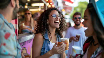 Candid shot of a group of friends laughing with each others are drinking drinks beside a pink food truck in summertime.