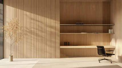 A minimalist study room with light wood and beige walls, featuring vertical strips of textured wall panels A black chair sits on the right side in front of an empty shelf