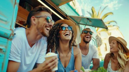 Candid shot of a group of friends wearing sun glasses laughing with each others beside a green food truck in summertime.