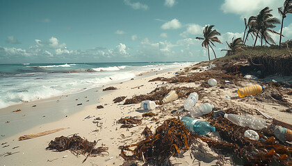 Pollution Crisis: Beach Devastation - Plastic waste blankets shore, underscoring need for action....