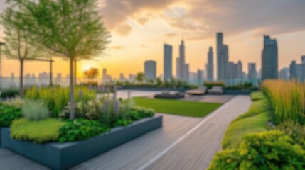 This blurred image captures the essence of a sunset over a city skyline, viewed from a lush rooftop...