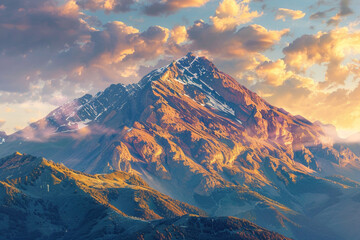 A mountain peak bathed in warm sunlight, radiating a sense of peace and serenity.