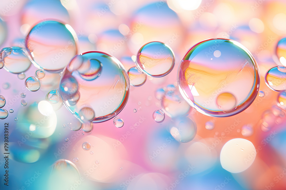 Poster pink holographic bubbles floating on the soft colorful abstract background in beautiful vivid tones.