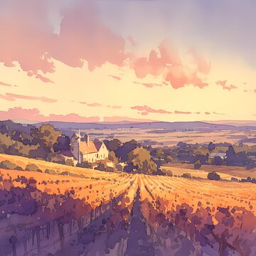 Vivid Watercolor Depicts Bountiful Fields of Grapes and Lush Hills