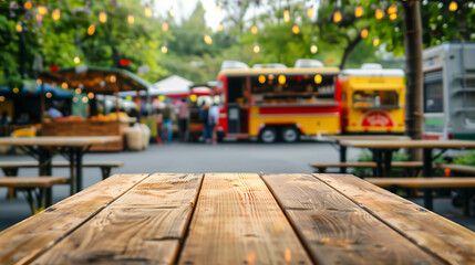 Empty wooden tables on blurred food truck festival and bright decoration lights as a background.