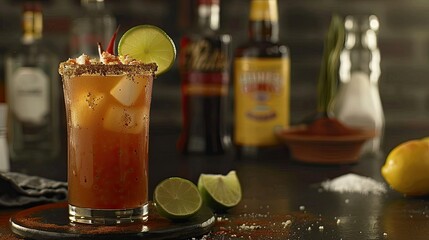Get ready to whip up a delicious Michelada a classic Mexican cocktail made with beer lime Tajin Clamato and more - obrazy, fototapety, plakaty