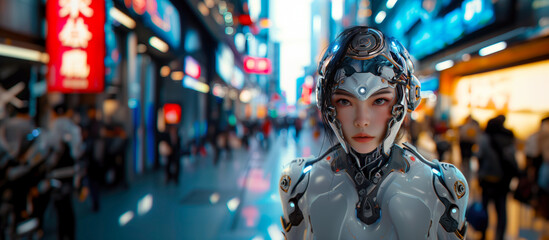 Neon glow of futuristic cyberpunk cityscape frames the portrait of a cyborg woman. Advanced technology meets urban Tokyo life in a female android's gaze amidst the metropolis