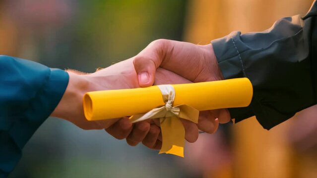 Handoff of diploma at graduation ceremony. Close-up of hands exchanging certificate with golden ribbon