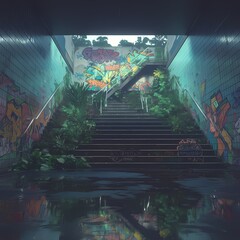 Explore the Vibrant and Urban World of Graffiti in a Subway Tunnel at Dawn