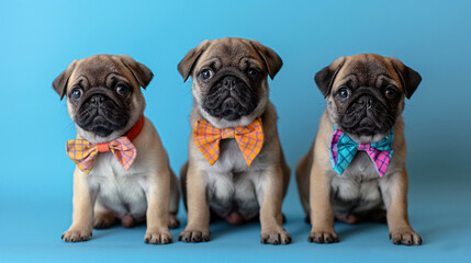 Fototapeta premium Three adorable pug puppies wearing bow ties sit on a blue background in the studio.