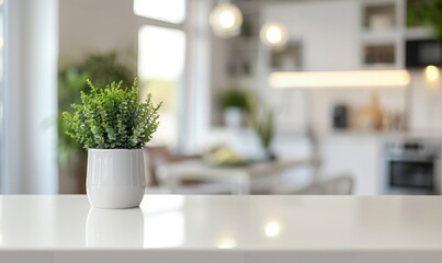 Empty and clean white dining table. Modern kitchen design in blurred background