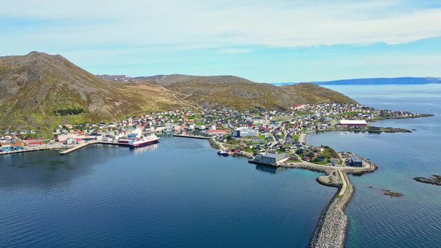Aerial flight over Honningsv&aring;g, the northernmost town in Europe, not far from the North Cape in Norway. Famous tourist destination in Scandinavia.