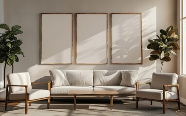 White empty mockup on the living room wall. Modern interior design. Stylish home decor.
