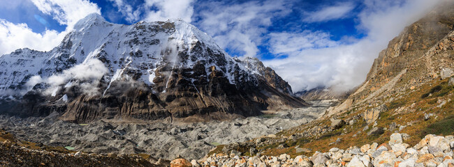 Panorama view of Ramthang Chang mountain (6,802m) and Kanchenjunga Glacier, between Lhonak and Kanchenjunga Base Camp on the Kanchenjunga Base Camp trek and the Great Himalaya Trail (GHT), Nepal